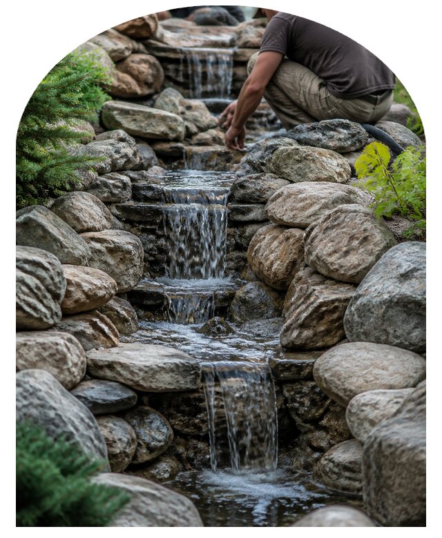 Водопад на участке под ключ с монтажом и отделкой в Новокузнецке